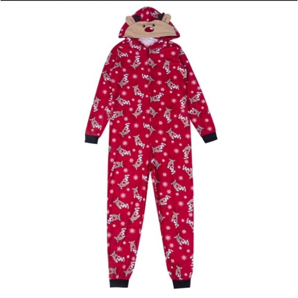 Holliday Fam Jam Womens One Piece Pajamas Reindeer /w Antler Hoodie Size XL